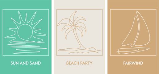 Hand drawn single continuous line logos. Icons lineart. Palm tree, sailboat, sun drawing in one line. Editable stroke. Simple minimalistic style. Vector templates. For tourism, vacation, travel.