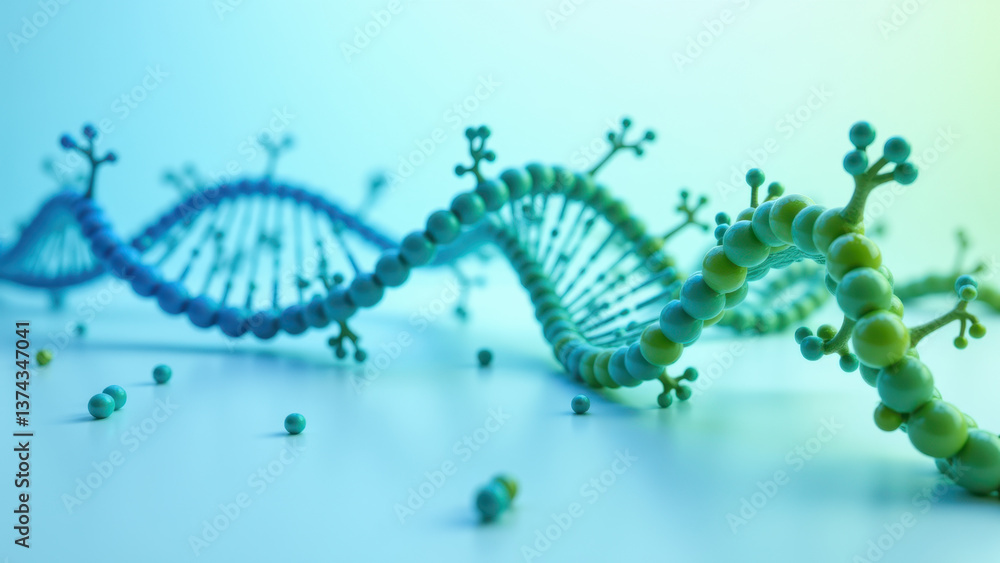 Poster a detailed 3d rendering of a double-stranded dna molecule with glp-1 peptide attached to it against 