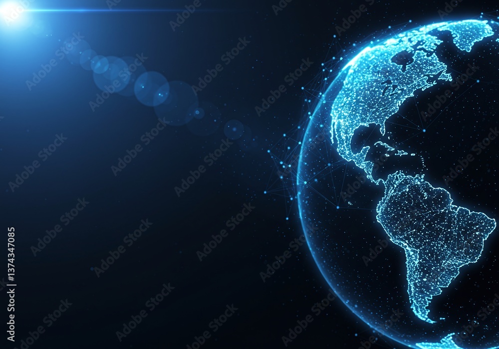 Poster digital globe: a luminous, interconnected digital rendering of the earth, showcasing a network of da