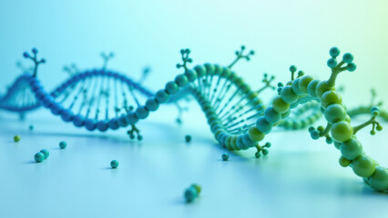 A detailed 3D rendering of a double-stranded DNA molecule with GLP-1 peptide attached to it against a gradient background.