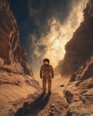 Fototapeta premium Solitary astronaut explores a desolate canyon landscape under a dramatic sky in a sci fi adventure setting with warm light and a sense of cosmic wonder