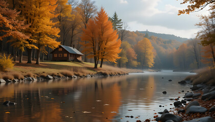 Autumn trees reflect on a glassy forest pond under a beautiful blue sky