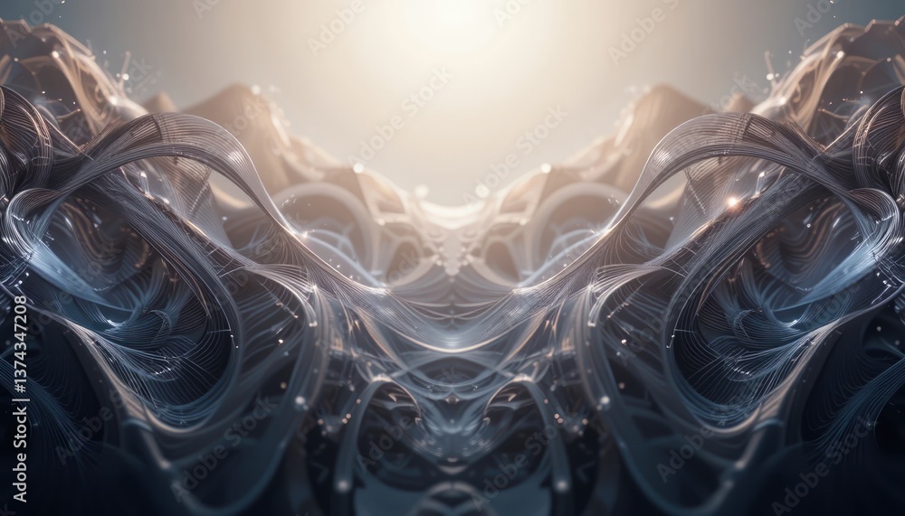 Poster dynamic abstract waveforms digital realm artwork ethereal environment close-up view conceptual innov