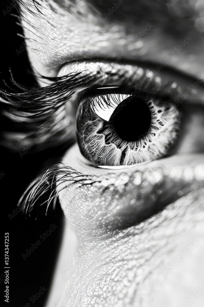 Poster black and white closeup of eye with sharp lashes and detailed skin texture showing clarity depth and