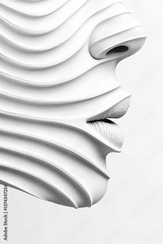 Poster White sculptural face made of curved layers in abstract minimal style on monochrome background representing creative dimensional design and visual fragmentation of identity