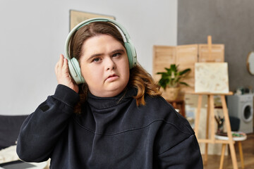 Young woman with Down syndrome enjoying music at home in a cozy setting
