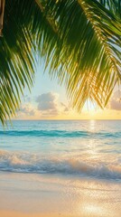 Fototapeta premium Serene tropical beach vista with palm fronds framing the ocean horizon at sunrise casting golden light on the tranquil sea