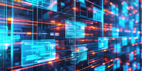 Abstract network grid with files and folders, futuristic software interface, digital document management system, store, search and organize documents, corporate business, paperless office