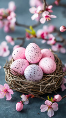 Colorful Easter eggs nestled in a natural nest with blooming cherry blossoms in a soft, serene setting