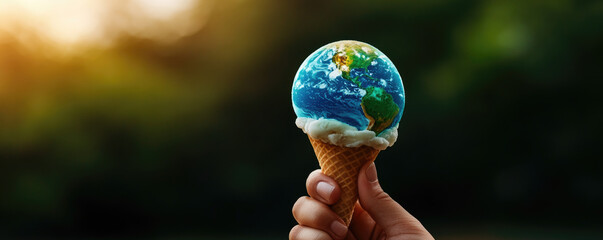 A hand holds an ice cream cone topped with a globe, symbolizing the Earth, blending culinary delight with environmental awareness.