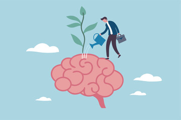 Growth mindset positive attitude to learn new thing, improvement to success, brain motivation or challenge to achieve goal, learning concept, businessman watering growth seedling on his brain.