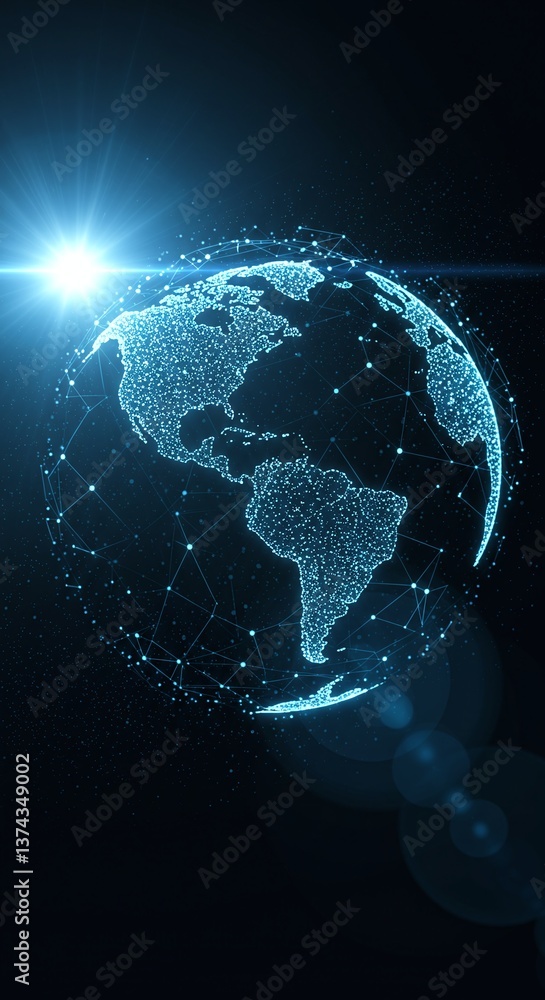 Poster global network: a glowing digital representation of earth, interconnected by a network of data point