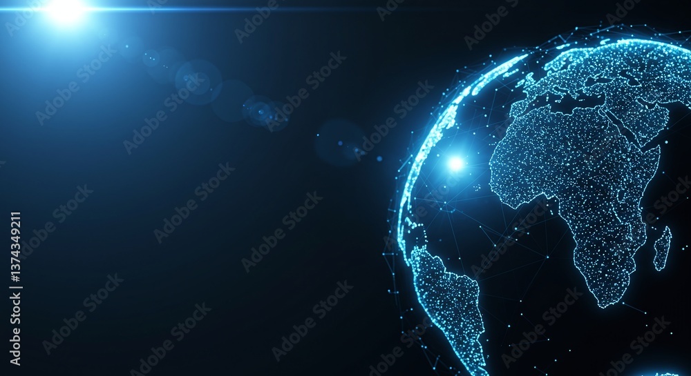 Poster digital globe: a mesmerizing view of the earth as a glowing, interconnected digital sphere, pulsatin