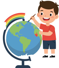 Fototapeta premium A cheerful boy coloring a globe in flat vector art style, showcasing creativity and learning about geography