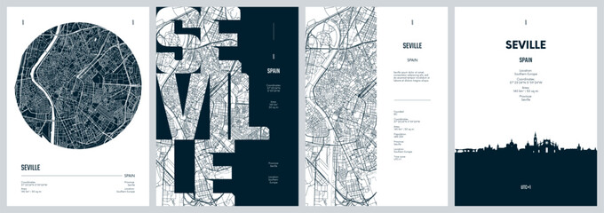 Set of travel posters with Seville, detailed urban street plan city map, Silhouette city skyline, vector artwork © max_776