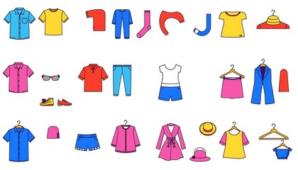 Solid color vector icons of various clothing items including shirts, pants, shoes, socks, shorts, dresses, coats, hats, and hangers, dress,  elements