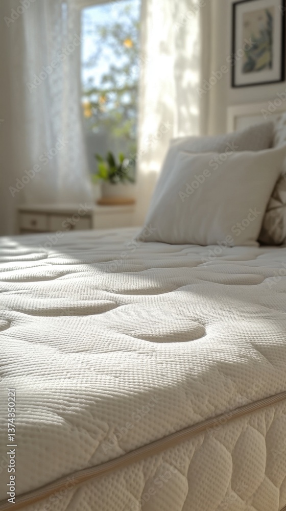 Poster inviting bedroom scene showcasing a comfortable mattress with soft pillows and natural light creatin