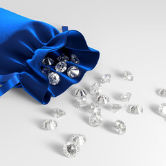 Velvet blue bag with the scattering of diamonds on the white background. Exhibition of precious stones. View from above. Jewelry industry. 3d rendering.