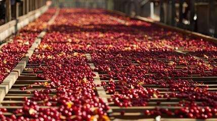 Obraz premium Fresh coffee cherries spread out on raised drying beds, slowly drying under the sun in the natural processing method