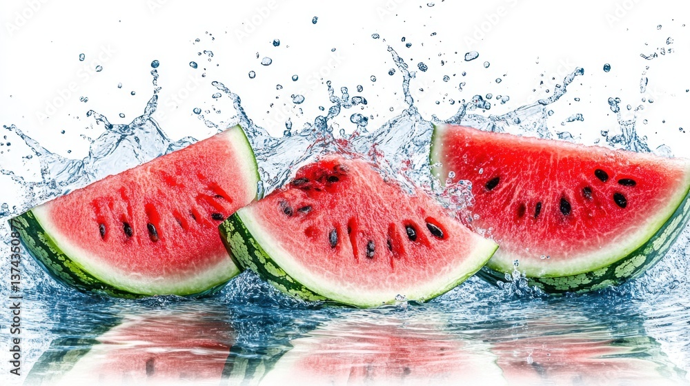 Aufkleber slices of fresh watermelon splashing in water creating refreshing and vibrant summer mood on white b