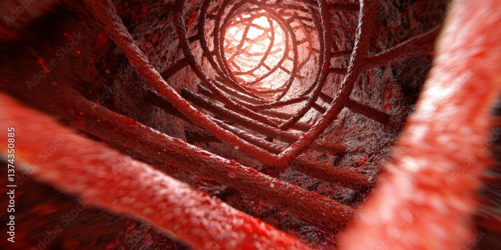 Poster abstract medical tunnel in red and dark hues representing internal anatomy depth and journey through