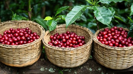 Freshly picked coffee cherries in woven baskets, vibrant red and ripe, set against lush green coffee plants, showcasing the first step in coffee processing