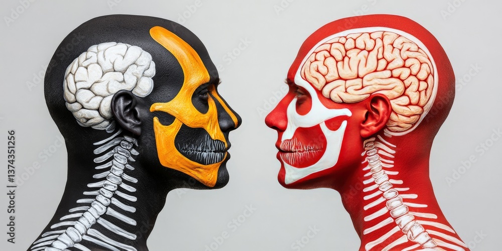 Aufkleber human skull profiles facing each other with visible brain anatomy on one side and monochrome xray co