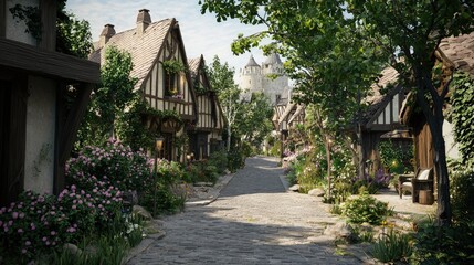 Fototapeta premium Charming medieval fantasy village street with stone path, timber houses, blooming gardens, and a castle view. Ideal for game concept art, book covers, or fantasy designs