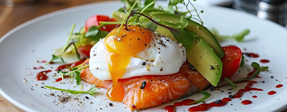 Salmon, poached egg, and avocado on a white plate, healthy breakfast