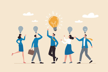 Solution expert solving problem or leader giving advise in meeting discussion, thinking for solution, creativity or professional to help, eureka moment concept, businessman with bright lightbulb.