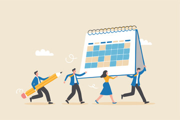 Project schedule, employee timetable, team meeting schedule or appointment, calendar date planning, agenda or project deadline concept, businessman and woman carry big calendar plan with pencil.
