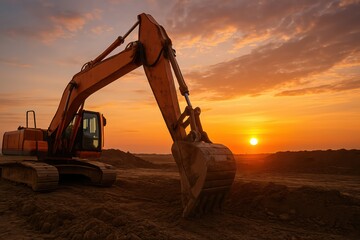 Excavator on construction site on sunset. Heavy construction equipment on excavation on construction site. Groundwork building.