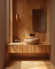 Earthy Bathroom with an Oval Stone Sink and Natural Light