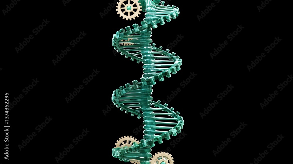 Poster twisted emerald dna spiral on black background in digital render symbolizing genetic data structure 