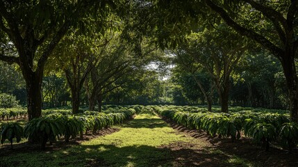 Rows of coffee plants under protective shade trees, balancing sunlight and shadow for optimal growth