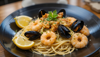 Delicious pasta dish with fresh spaghetti and seafood, including shrimp and a tomato sauce