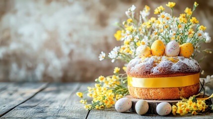 Delicious cake adorned with a yellow ribbon and surrounded by blooming flowers and pastel eggs in spring sunlight
