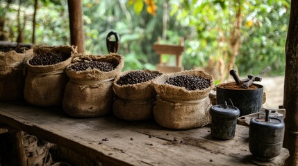 Rustic coffee processing station in the mountains, with traditional tools and burlap sacks filled with freshly processed beans