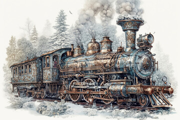 Naklejka premium An old train on a snowy track with a steam locomotive and a steam coming from it, snow-covered trees around., watercolor style, Generative AI