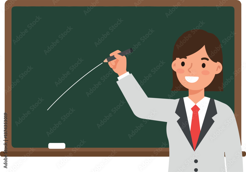 Poster teacher with a pointer engaging students in a classroom setting, flat vector art