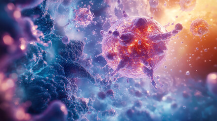 vibrant and detailed microscopic view of virus, showcasing its intricate structure and surrounding cellular environment. image captures dynamic interplay of colors and textures, evoking sense