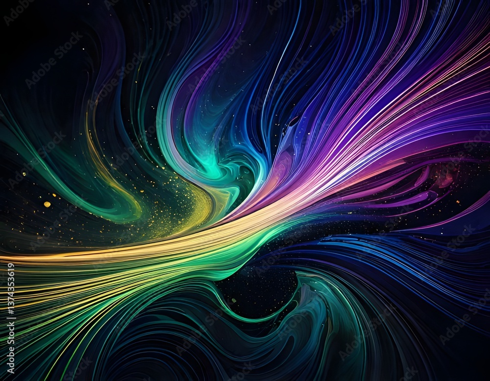 Poster abstract colorful fractal wave pattern with vibrant light effects and smooth curves in blue, purple,