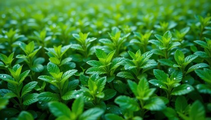 Obraz premium Fresh and vibrant peppermint field with glistening droplets after rain, with a strong green color.