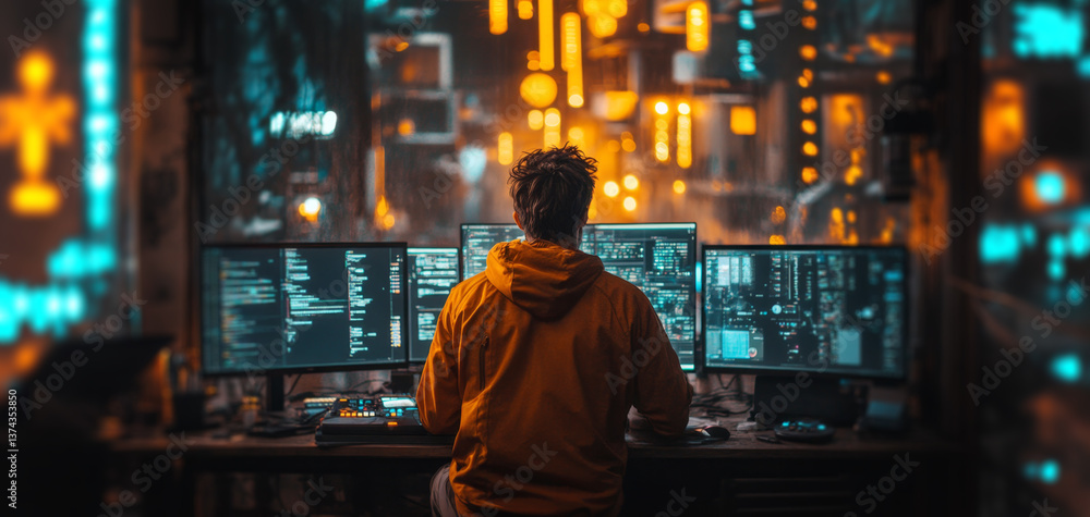 Aufkleber A cybersecurity professional analyzes data and monitors for breaches in a futuristic workspace filled with multiple screens displaying code and metrics.