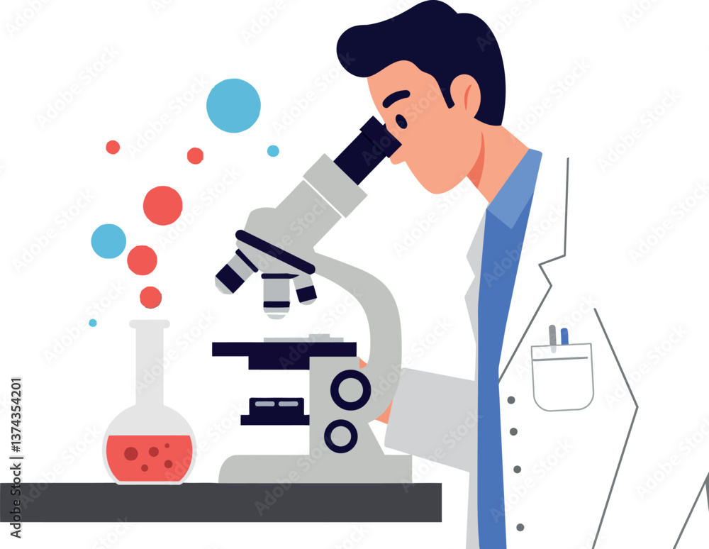 Poster scientist examining samples through microscope in flat vector art style with lab equipment and color