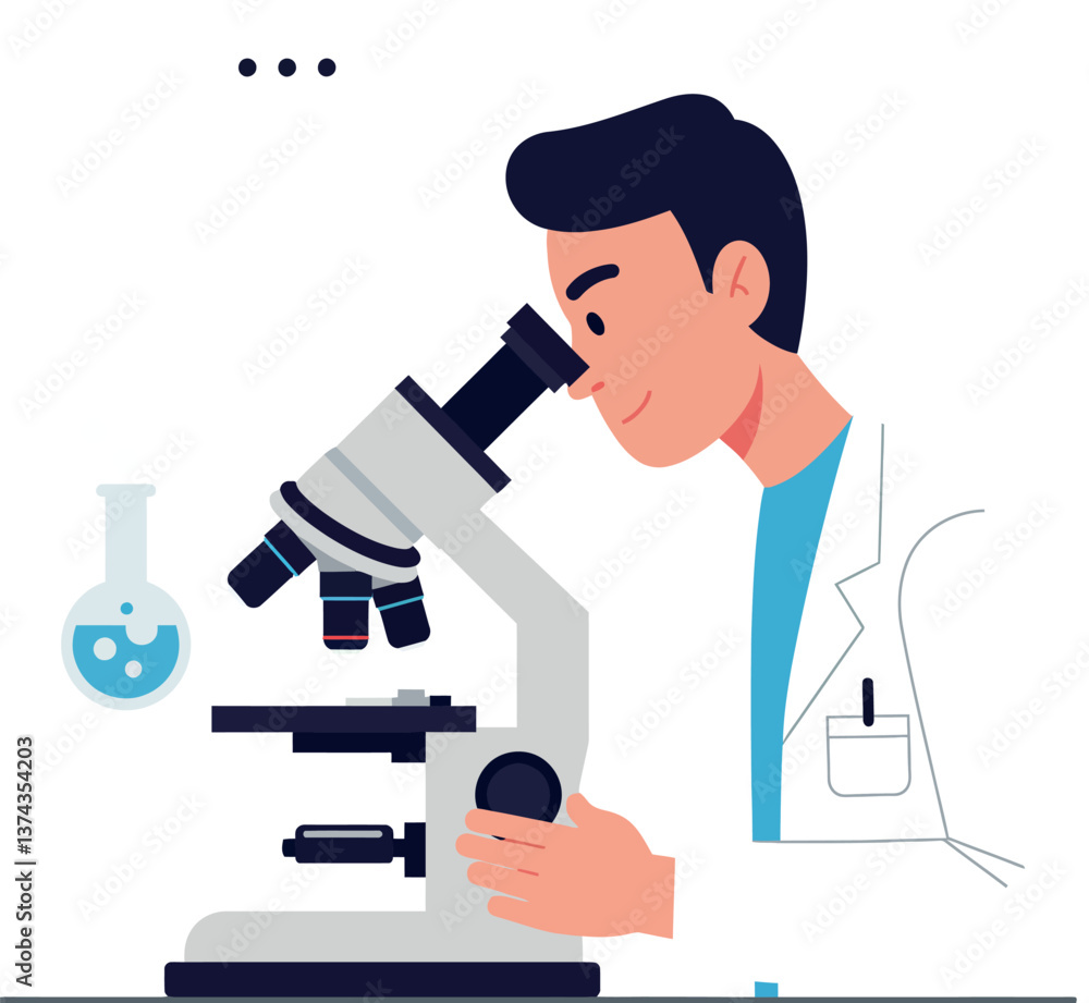 Poster scientist examining samples through a microscope in a flat vector illustration