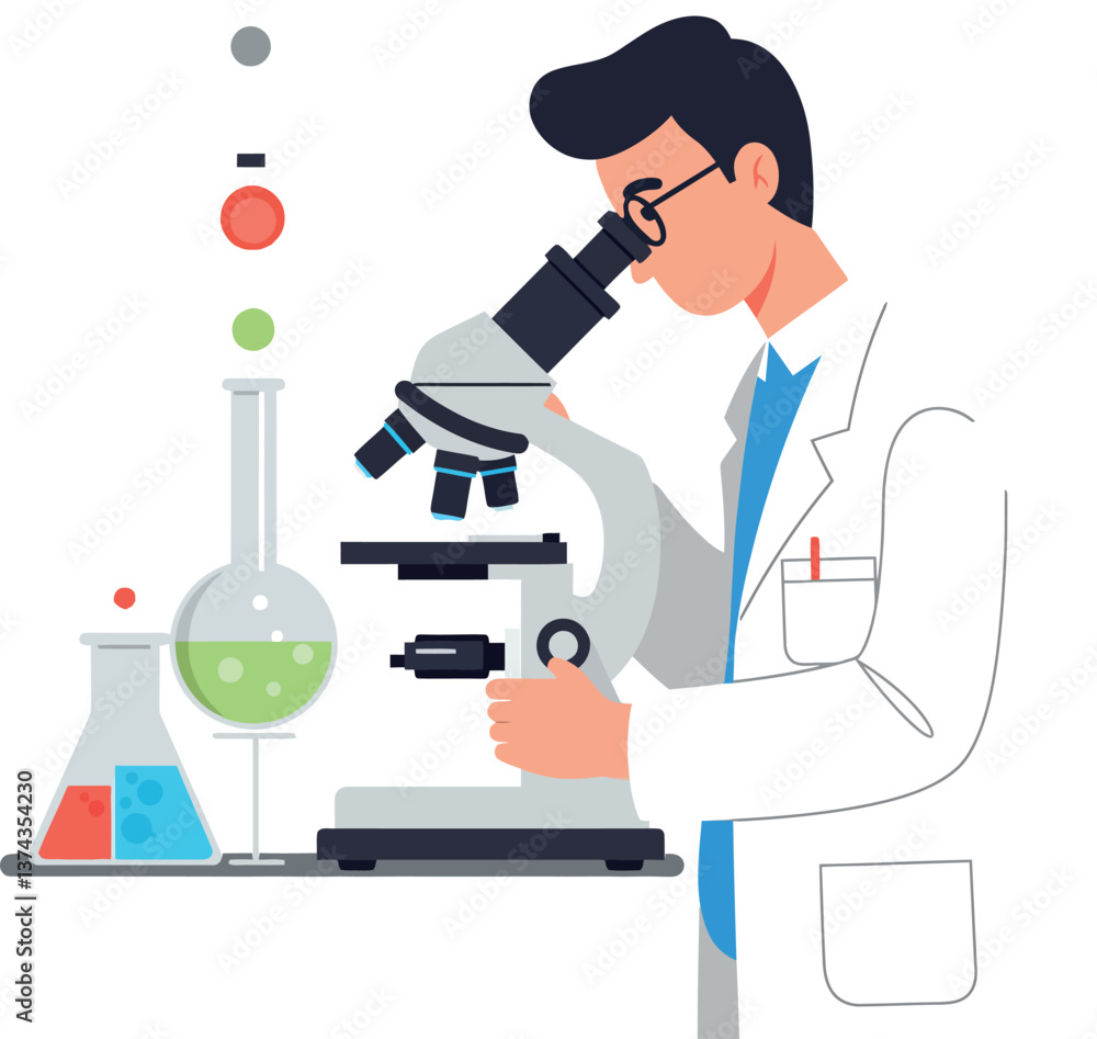 Poster scientist examining samples through a microscope in flat vector art style with colorful laboratory e