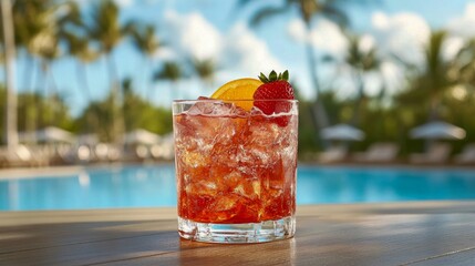 Refreshing summer cocktail served by a poolside in a tropical resort