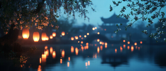 tranquil night scene featuring glowing lanterns reflecting on serene water surface, surrounded by blossoming trees and distant pagoda. atmosphere evokes sense of peace and beauty