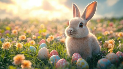 Fototapeta premium Easter celebration with white rabbit and vibrant colorful eggs scattered in green grass, 3D rendering illustration of festive holiday background, springtime joy and tradition 